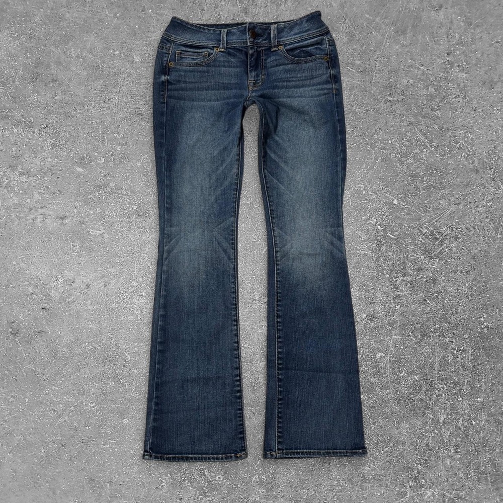 American Eagle Women 4 Low Rise Kick Boot Flare Jeans Blue Super Stretch Y2K